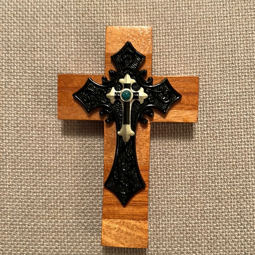 7” Handmade Wood Cross Black, Silver & Turquoise Accents